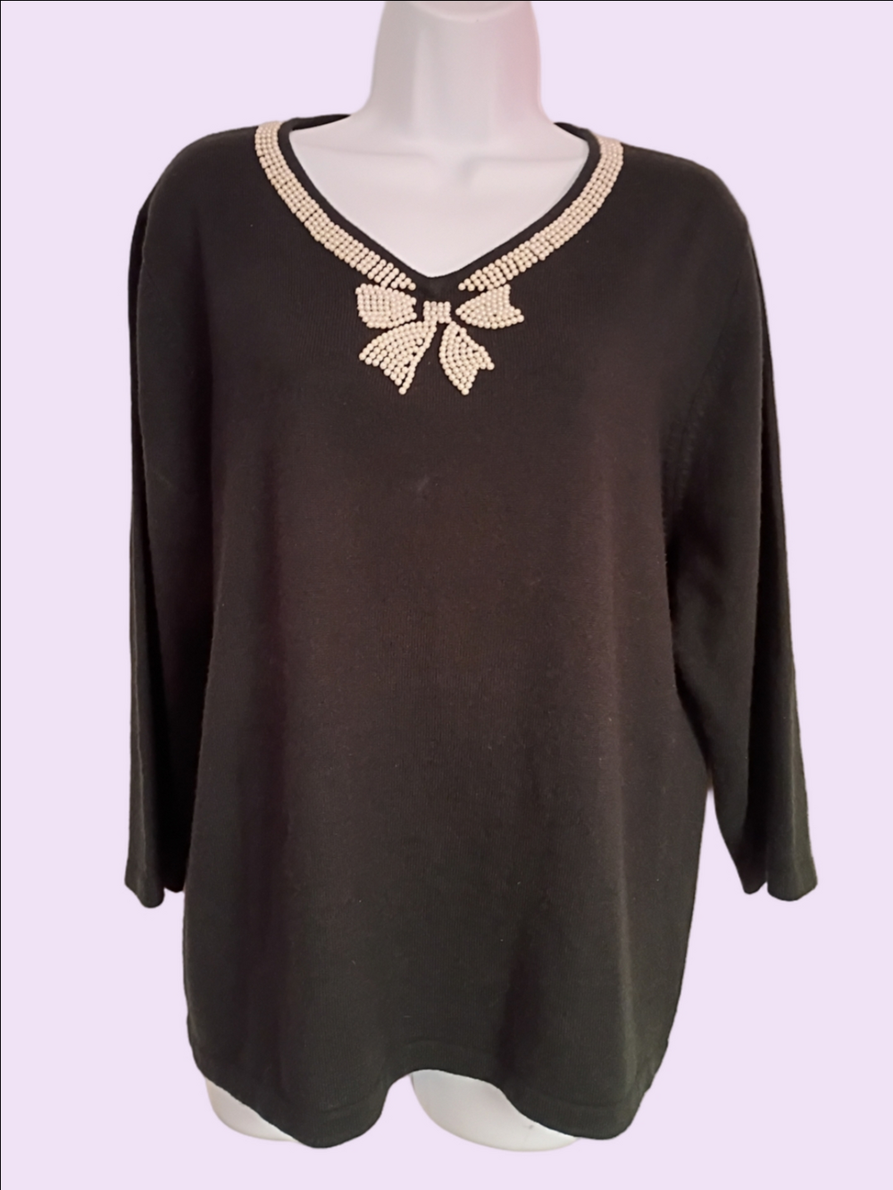 90's Sweetheart Black Sweater with Rhinestone Bow Detail Along Neckline - Picture 5 of 7